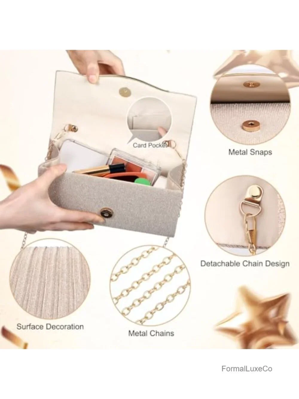 Sparkly Evening Clutch with Detachable Chain Strap for Weddings Proms Cocktail
